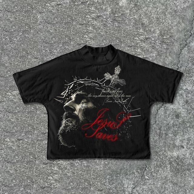 Retro Jesus Cross Faith Graphic Print Cropped T-Shirts Product Image