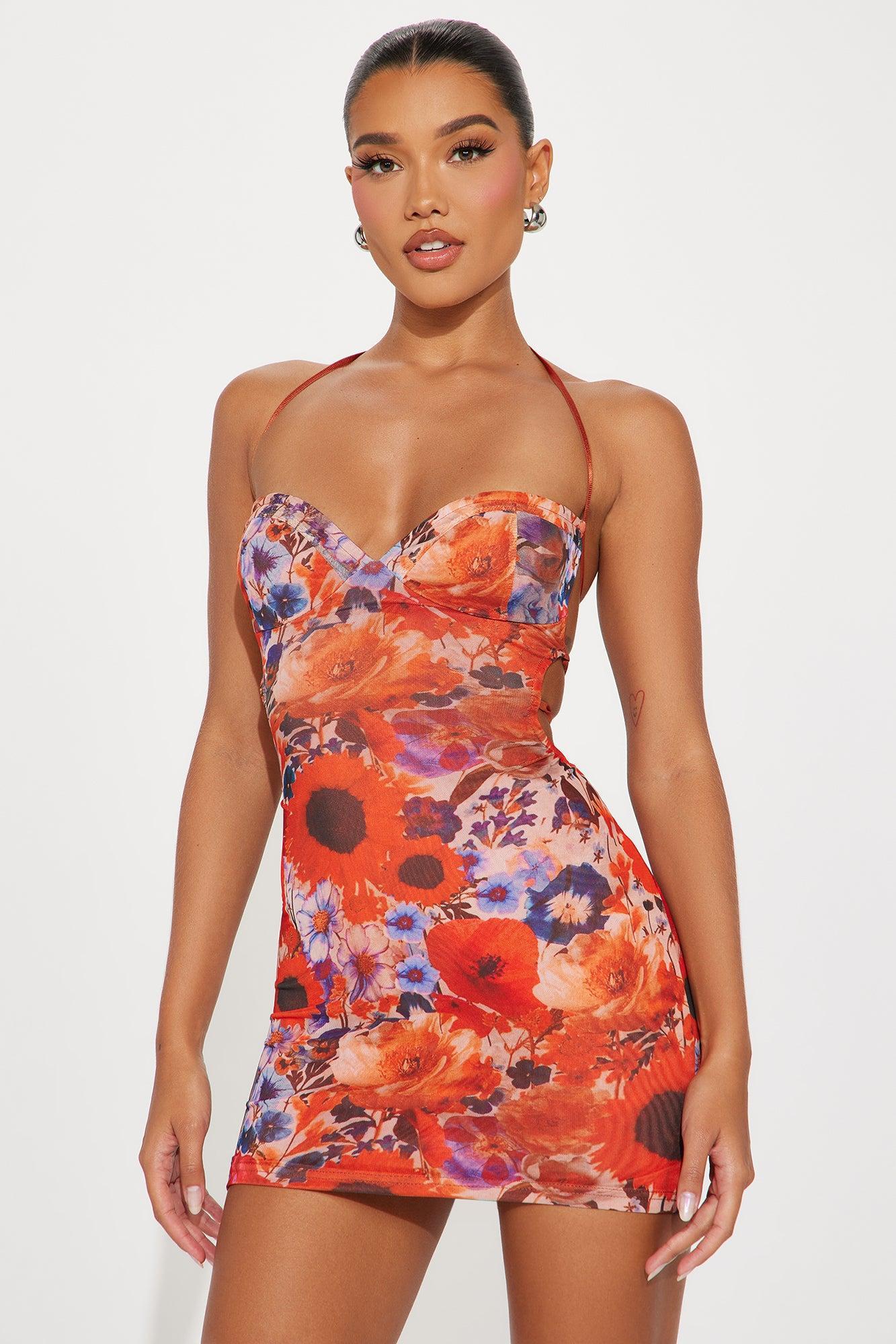 Sunset Petal Mesh Micro Mini Dress - Rust/combo Product Image