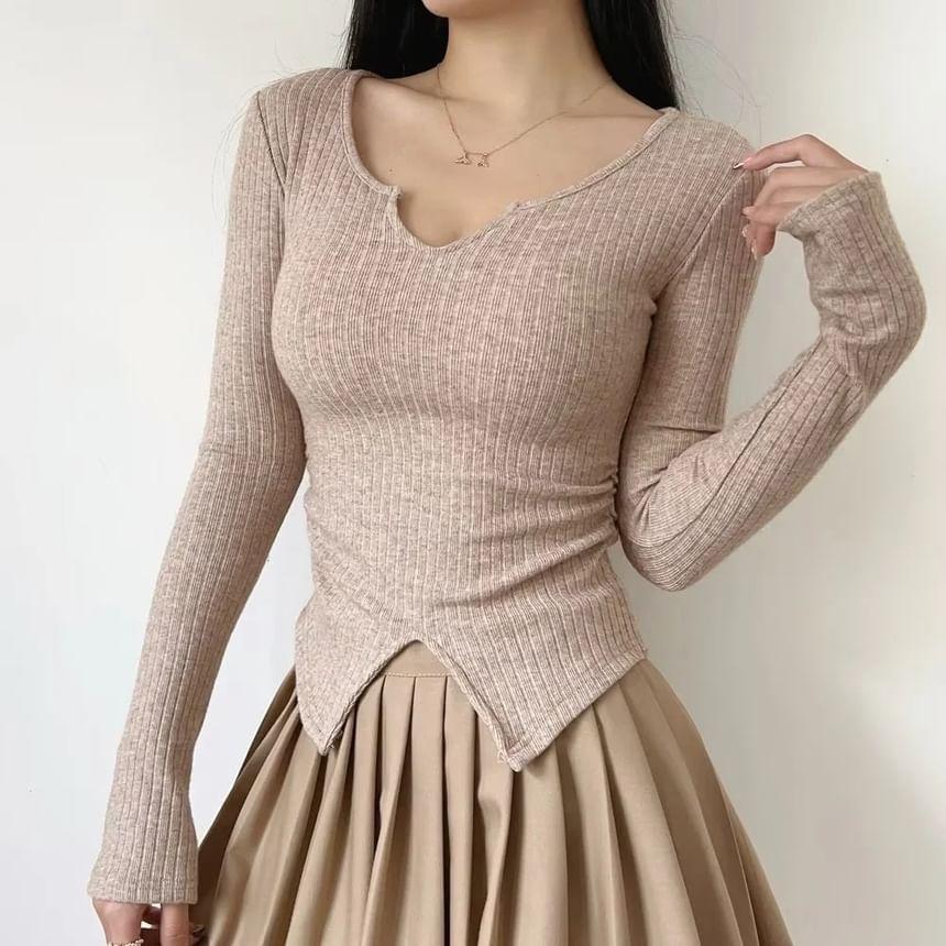 Long-Sleeve Notch Neck Ribbed Knit Top Product Image