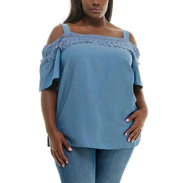 Plus Size Nina Leonard Cold Shoulder Crochet Top, Womens Product Image