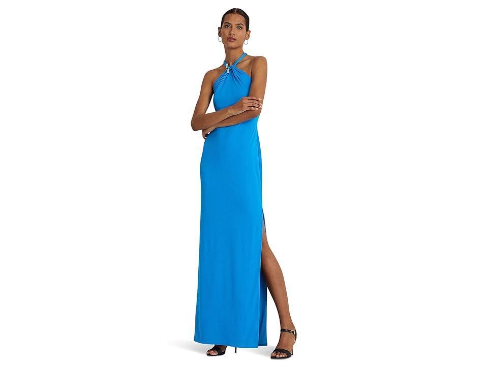 LAUREN Ralph Lauren Jersey Halter Gown (Blaze Ocean) Women's Dress Product Image