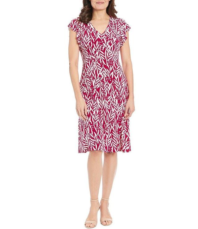 London Times Petite Size V-Neck Leaf Print Cap Ruffle Sleeve Midi Dress Product Image