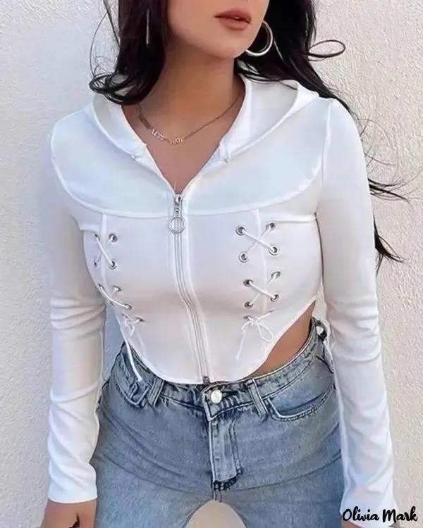 Olivia Mark – Eyelet Lace-Up Cropped Hoodie Product Image