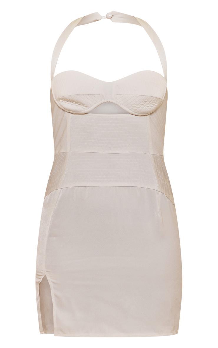 Cream Satin Textured Cup Detail Halter Bodycon Dress Product Image