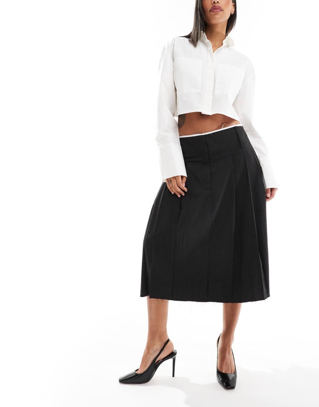 ASOS DESIGN raw edge pleated tailored midi skirt in charcoal stripe Product Image