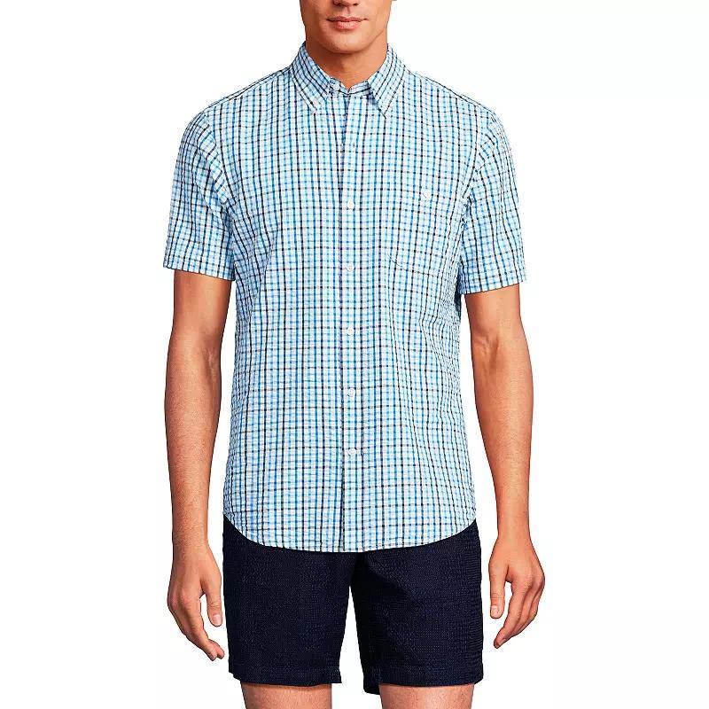 Mens Lands End Button-Down Seersucker Shirt Blue Tattersall Product Image