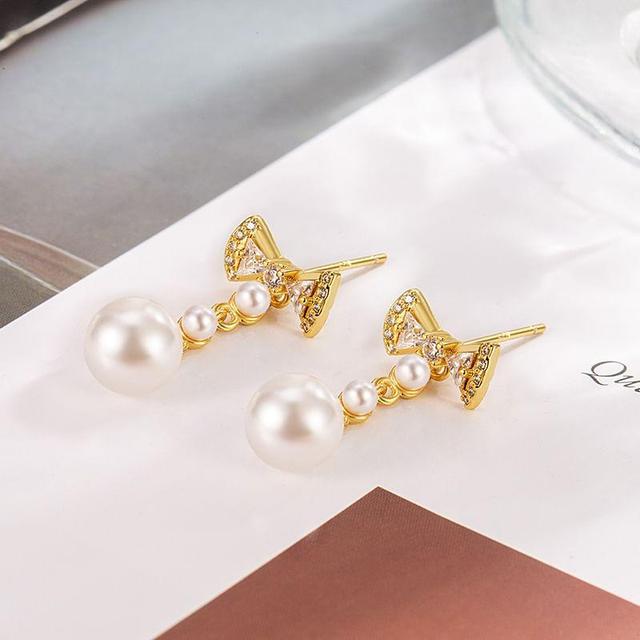 Bow Rhinestone Faux Pearl Alloy Dangle Earring Product Image