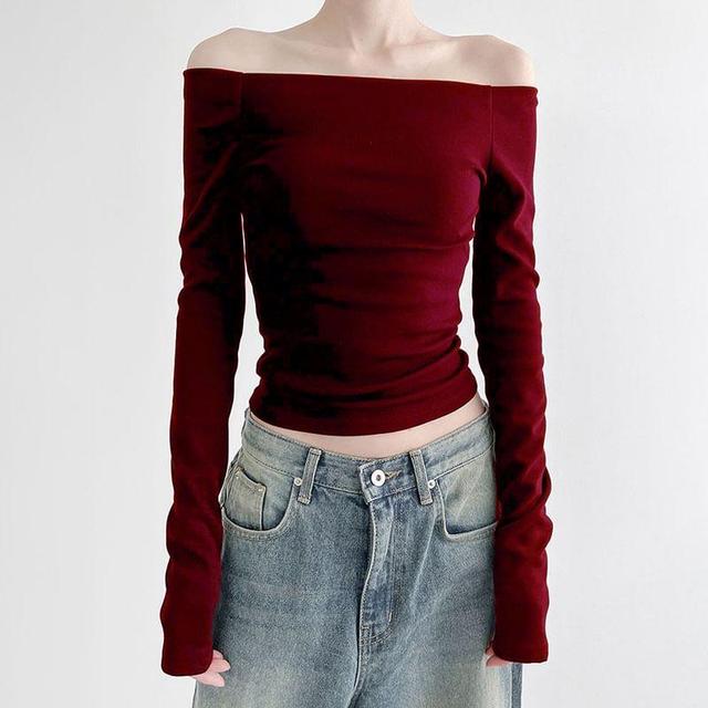 Long-Sleeve Off-Shoulder Plain Crop Slim Fit T-Shirt Product Image