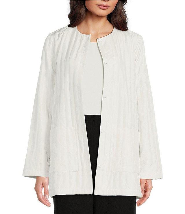 Eileen Fisher Habutai Silk Round Neck Long Sleeve Pocketed Button-Front Long Quilted Jacket Product Image