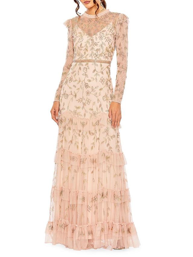 Mac Duggal Floral Beaded Appliqu Long Sleeve Tiered Gown Product Image