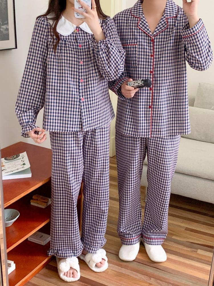 Couple Matching Pajama Set:  Long-Sleeve Collar Plaid Button Top + Pants (Various Designs) Product Image