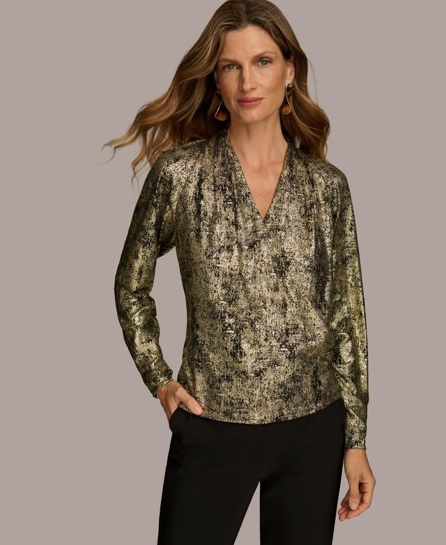 Donna Karan New York Womens Metallic Faux-Wrap Top Product Image