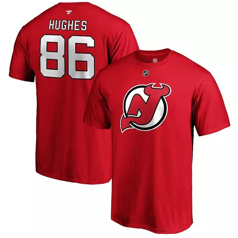 Mens Fanatics Branded Jack Hughes Red New Jersey Devils Authentic Stack Name & Number T-Shirt Product Image