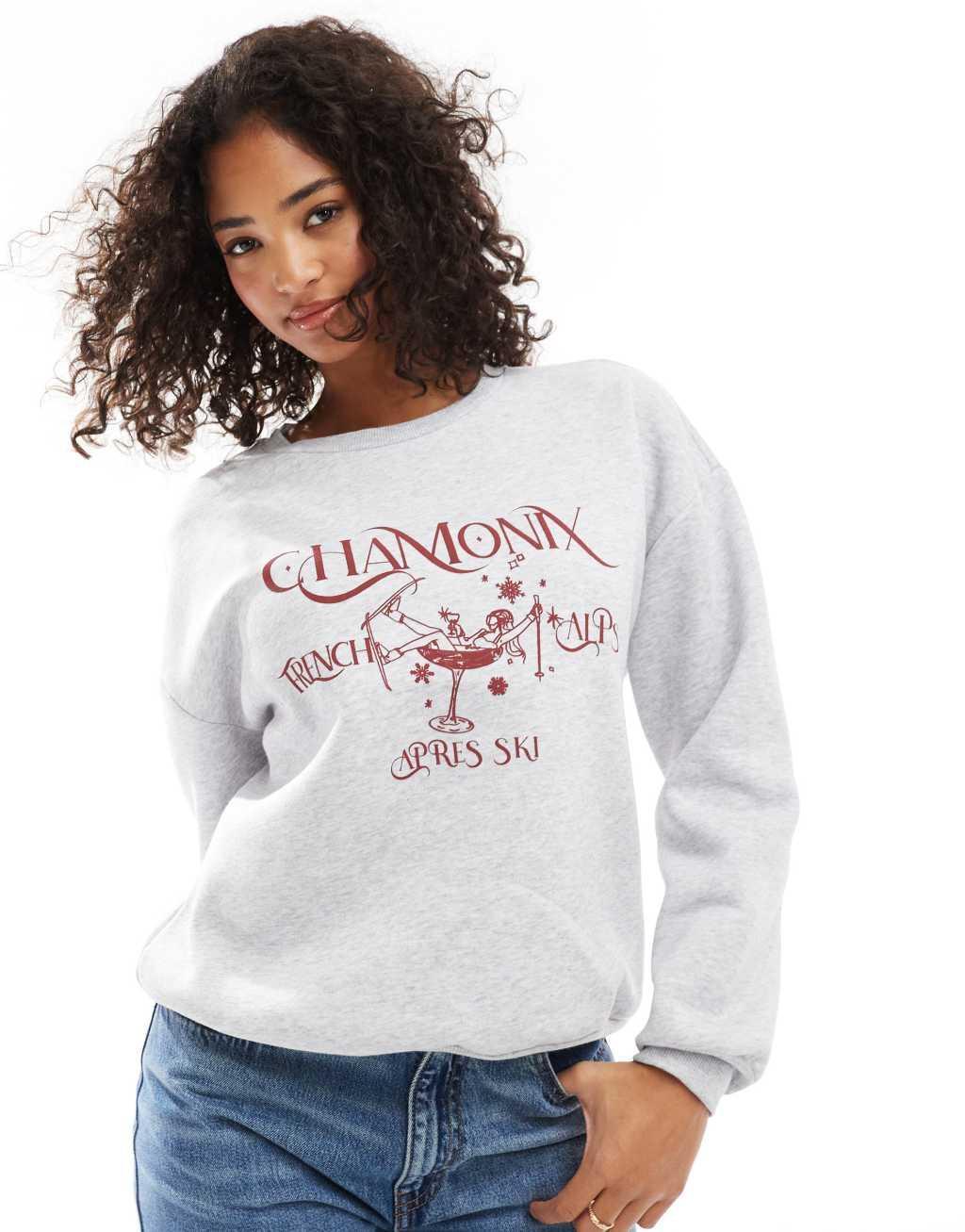 ASOS DESIGN Chamonix apres ski graphic oversized sweatshirt in gray heather Product Image