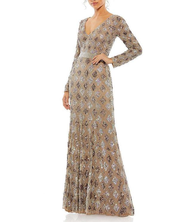 Mac Duggal Sequin Plunge V-Neck Long Sleeve Sheath Gown Product Image