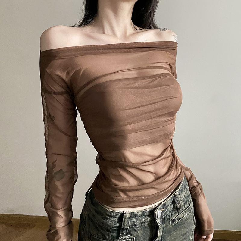 Set: Long-Sleeve Off-Shoulder Plain Mesh Slim Fit Top + Tube Top Product Image