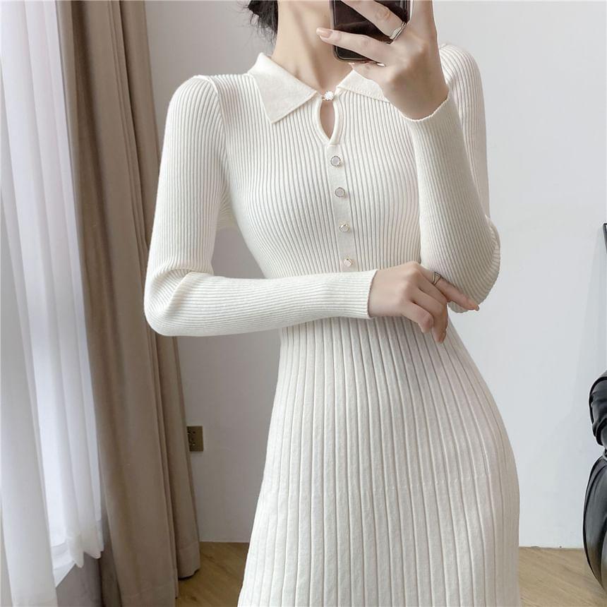 Long-Sleeve Collared Plain Ribbed Knitted Midi A-Line Dress Product Image