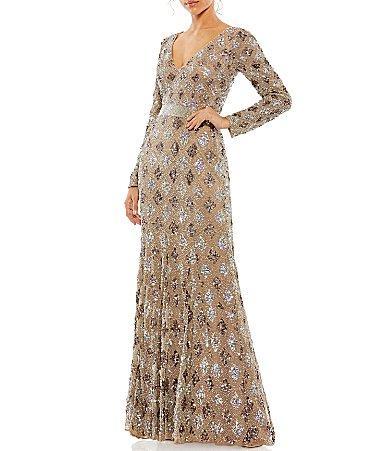 Mac Duggal Sequin Plunge V-Neck Long Sleeve Sheath Gown Product Image