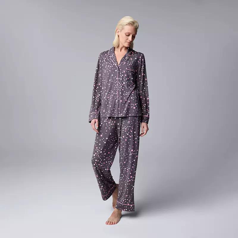 Womens Simply Vera Vera Wang Long Sleeve Pajama Top & Pajama Bottoms Sleep Set Grey Stars Product Image