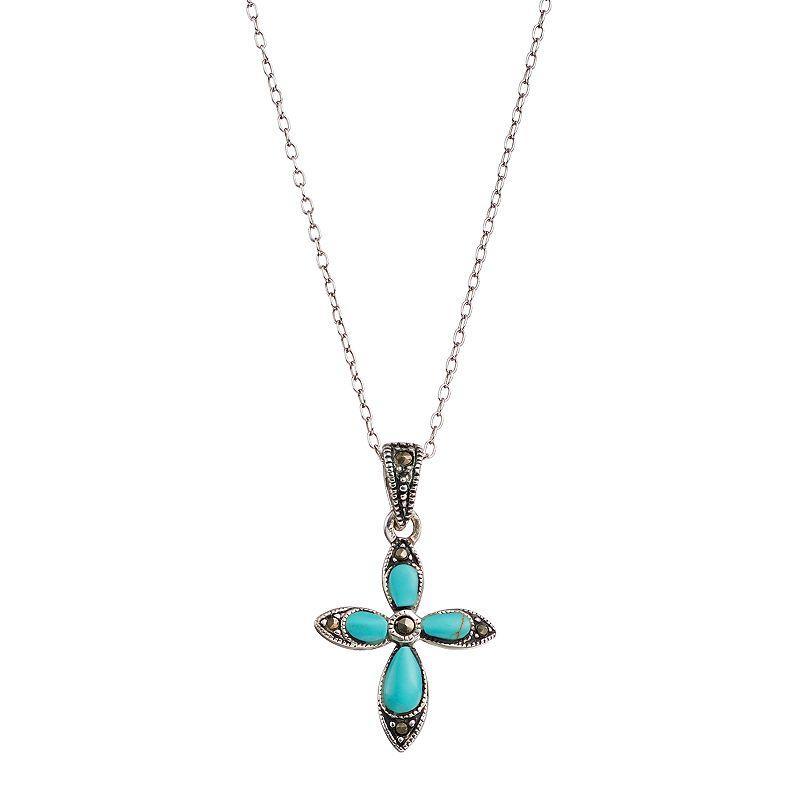 Sterling Silver Simulated Turquoise & Marcasite Cross Pendant Necklace, Womens Multicolor Product Image