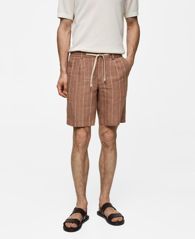 MANGO MAN - 100% linen striped bermuda shorts with drawstring wineMen Product Image