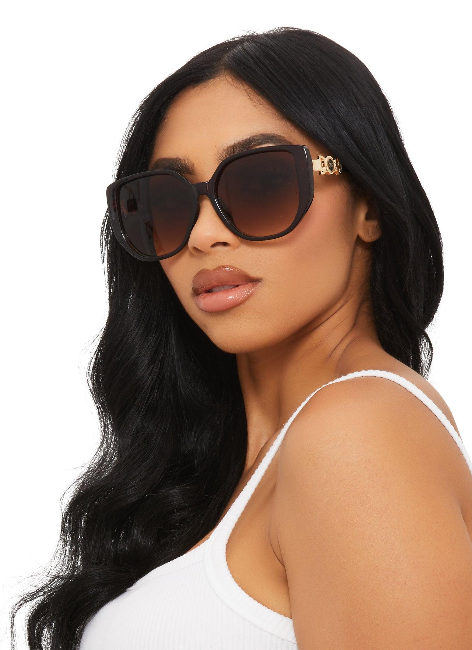 Metallic Temple Detail Thick Frame Sunglasses Female Product Image