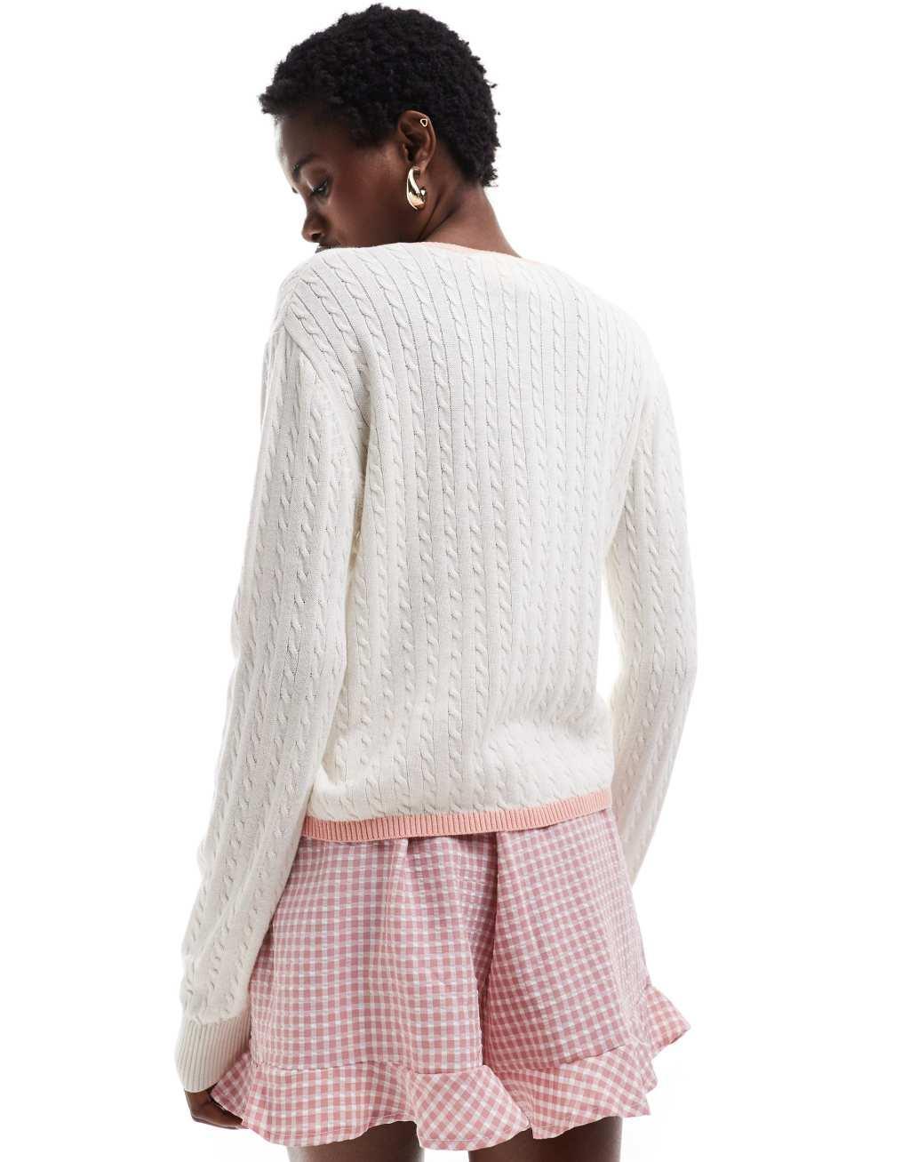 Monki button front cardigan in off white with pink contrast trim Product Image