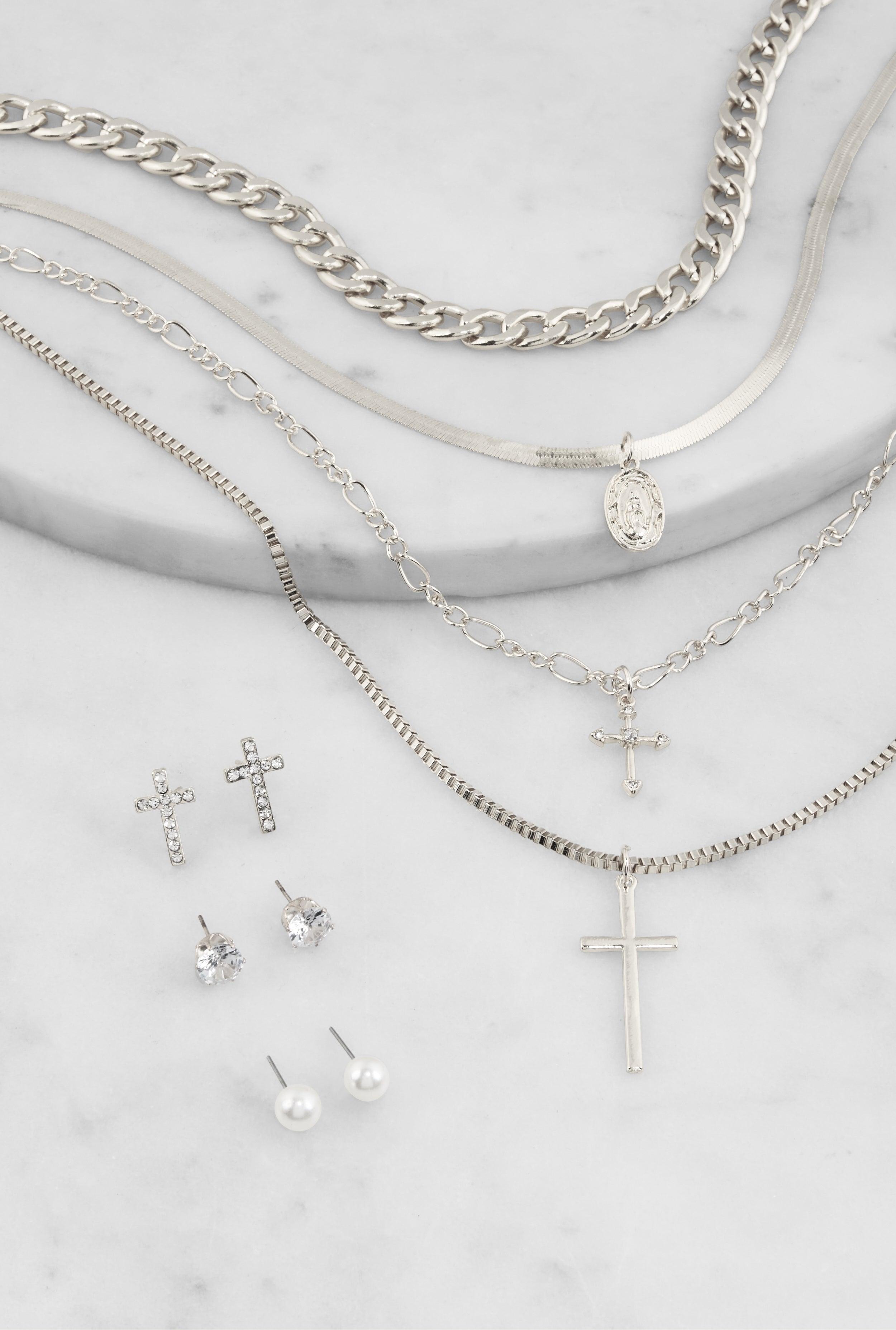 Cross Charm Layered Necklace with Stud Earrings Female Product Image