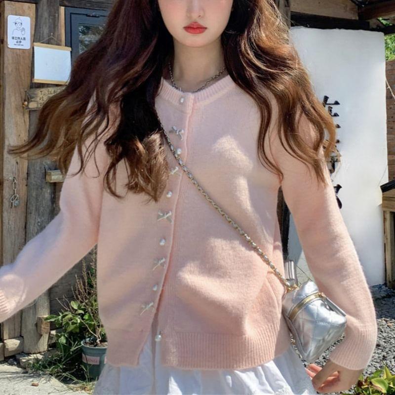 Long Sleeve Bow Accent Plain Loose-Fit Cardigan Product Image