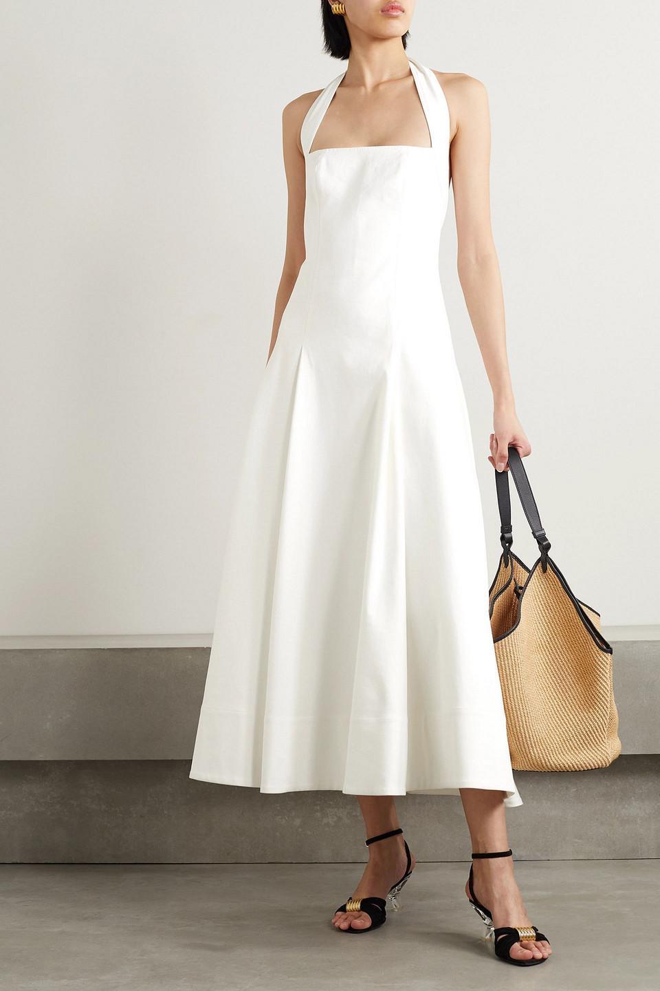 Lalita Pleated Cotton-blend Twill Halterneck Midi Dress In White Product Image