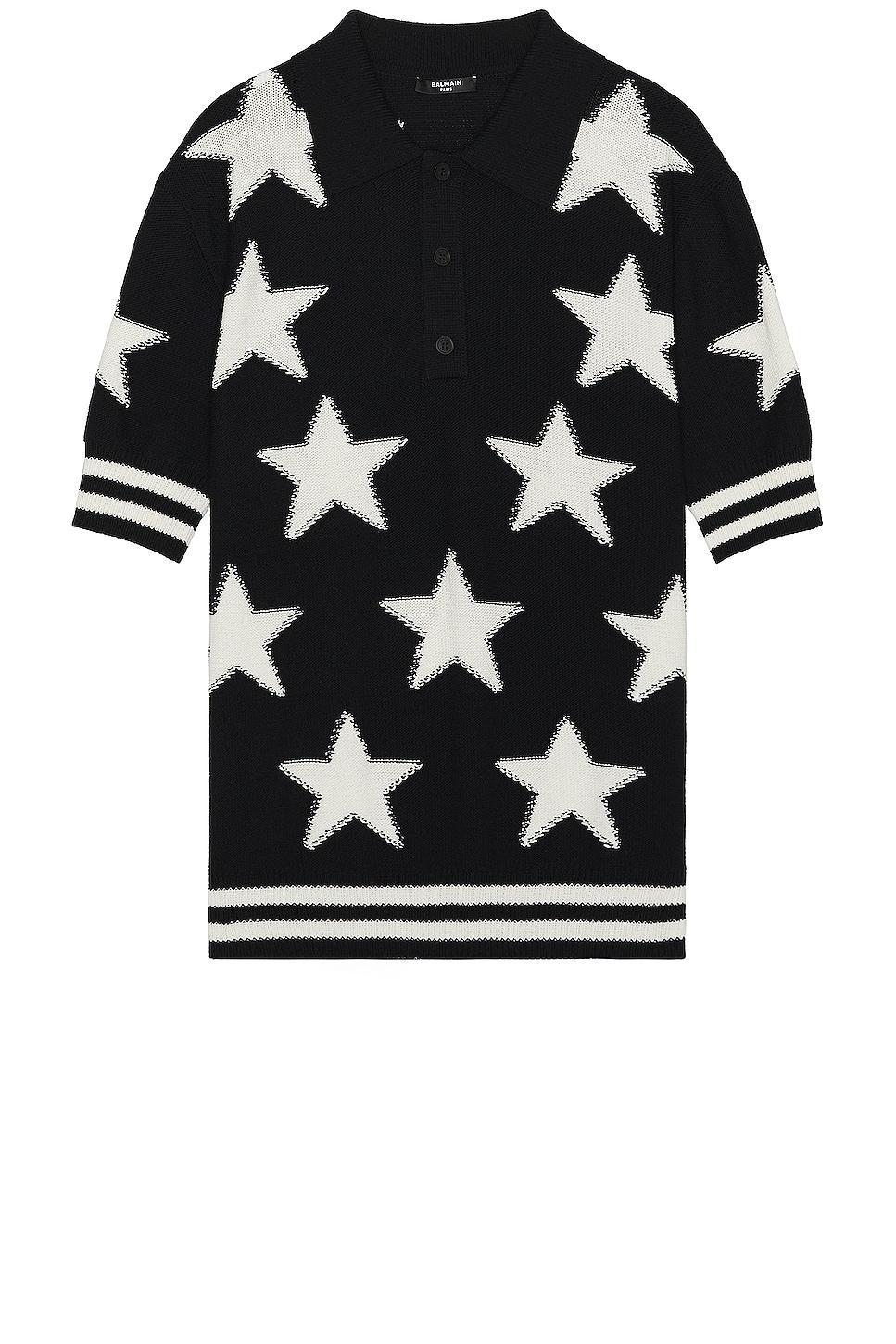 BALMAIN Stars Cotton Short Sleeve Polo in Black Product Image