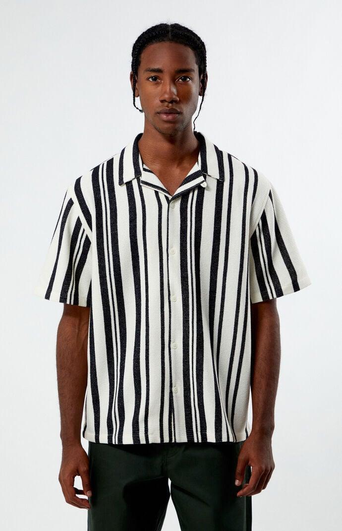 Men's Textured Stripe Camp Shirt in Black/Cream - Product Image