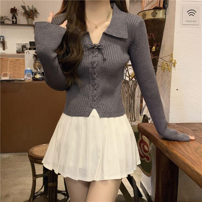 Long-Sleeve Collar Lace-Up Ribbed Knit Top Product Image