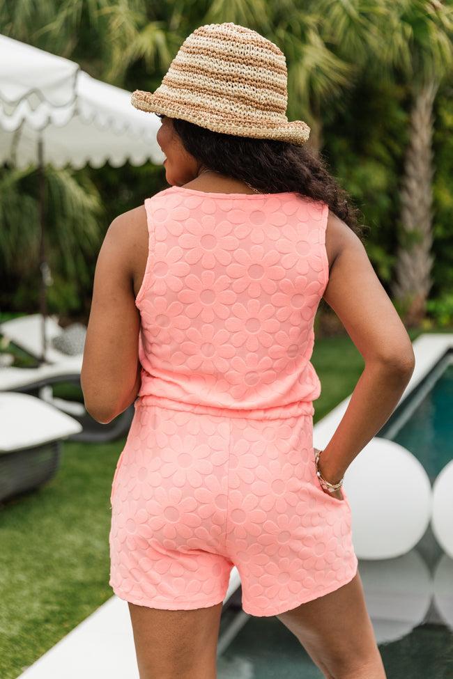 Easy To Me Neon Coral Terrycloth Floral Romper Product Image