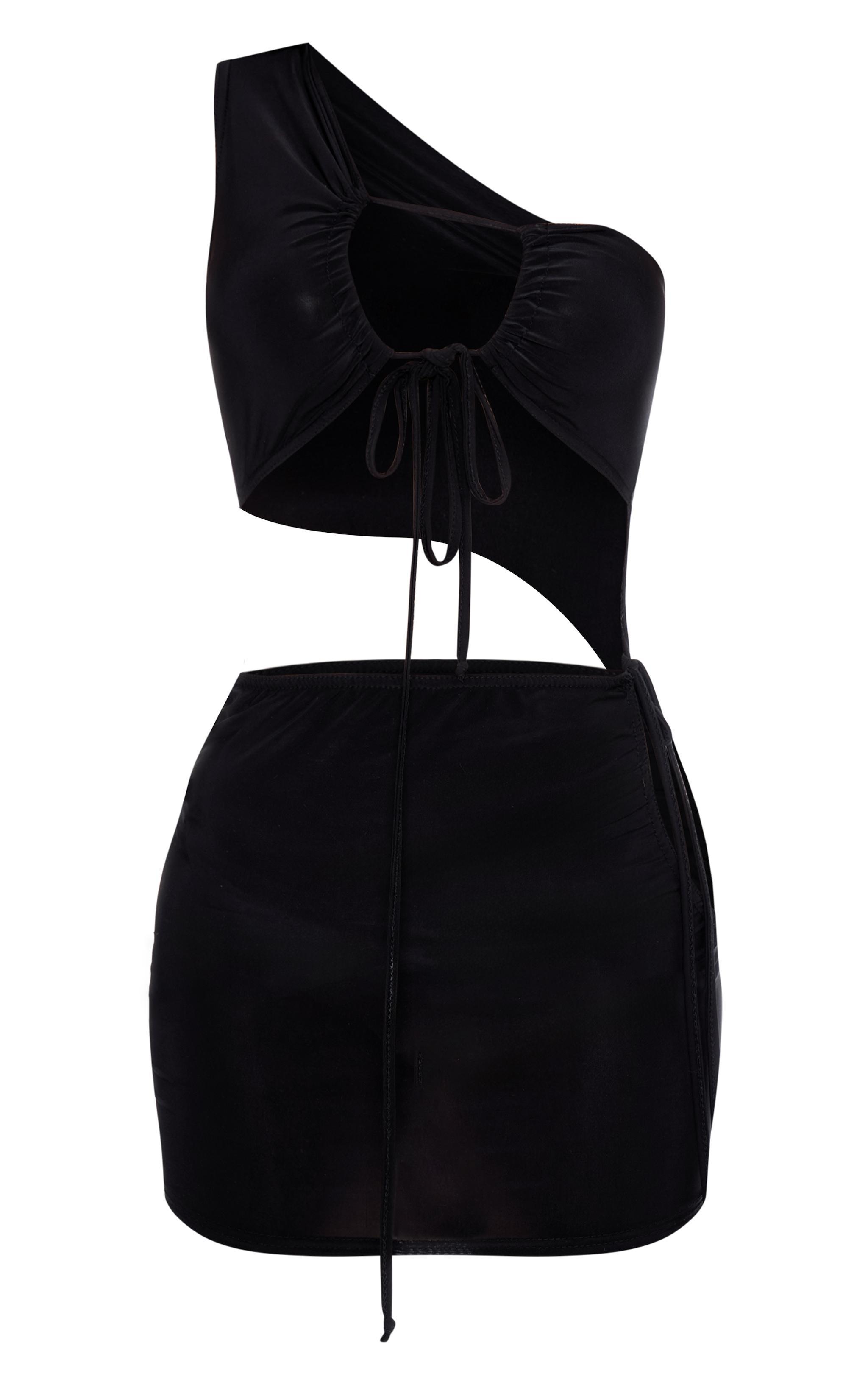  Black Double Layer Slinky One Shoulder Cut Out Mini Dress Product Image