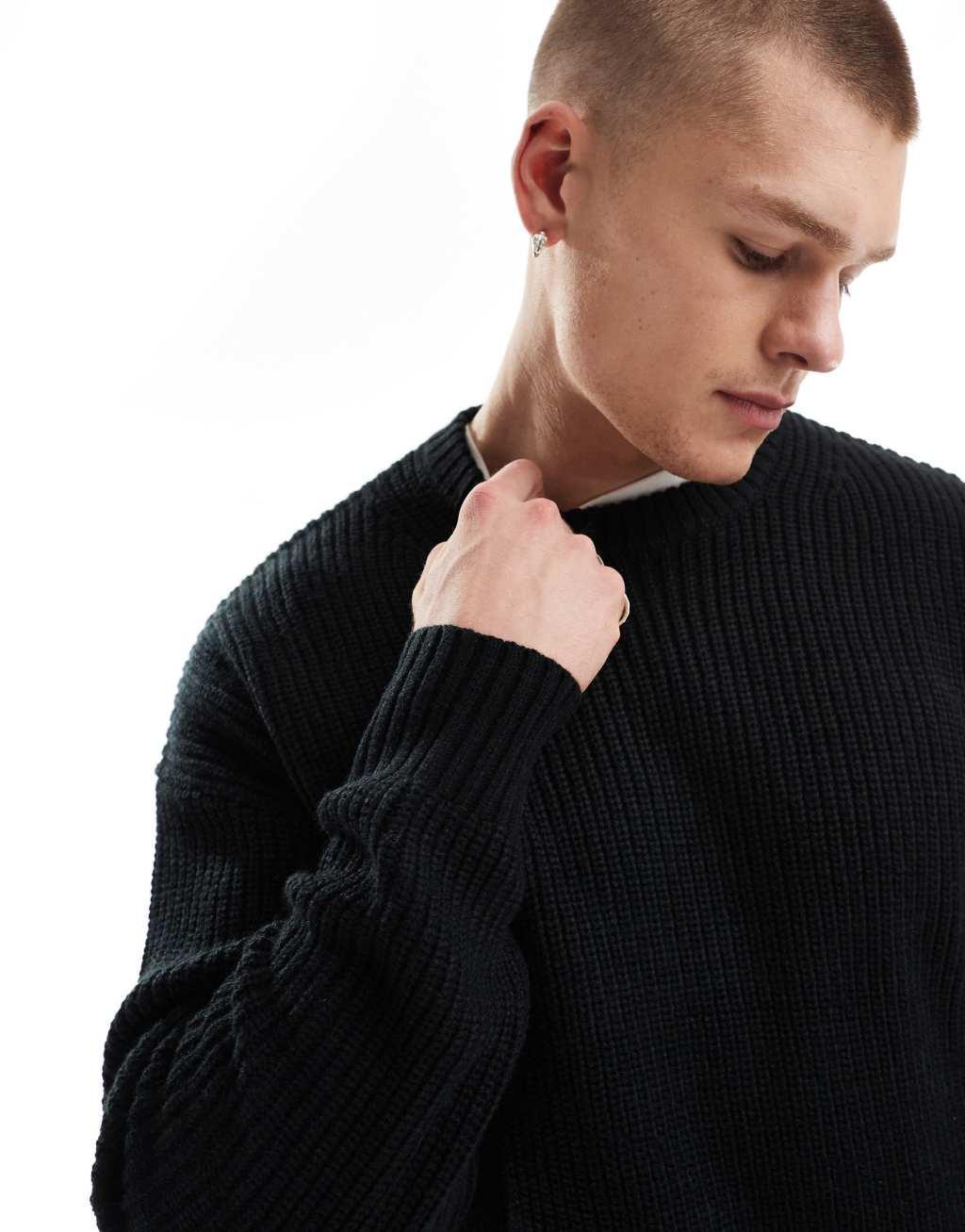 Bershka fisherman ribbed sweater in black Product Image