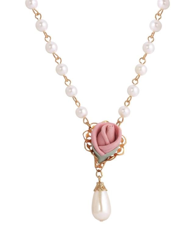 1928 Gold Tone Flower with Simulated Pearl Drop Necklace, Womens, Pink Product Image