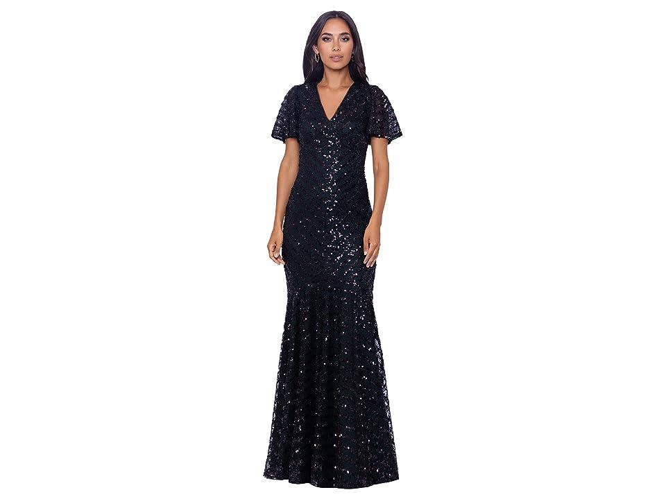 XSCAPE Short Sleeve V-Neck Dress with Sequins (Black/Hunter) Women's Evening Product Image