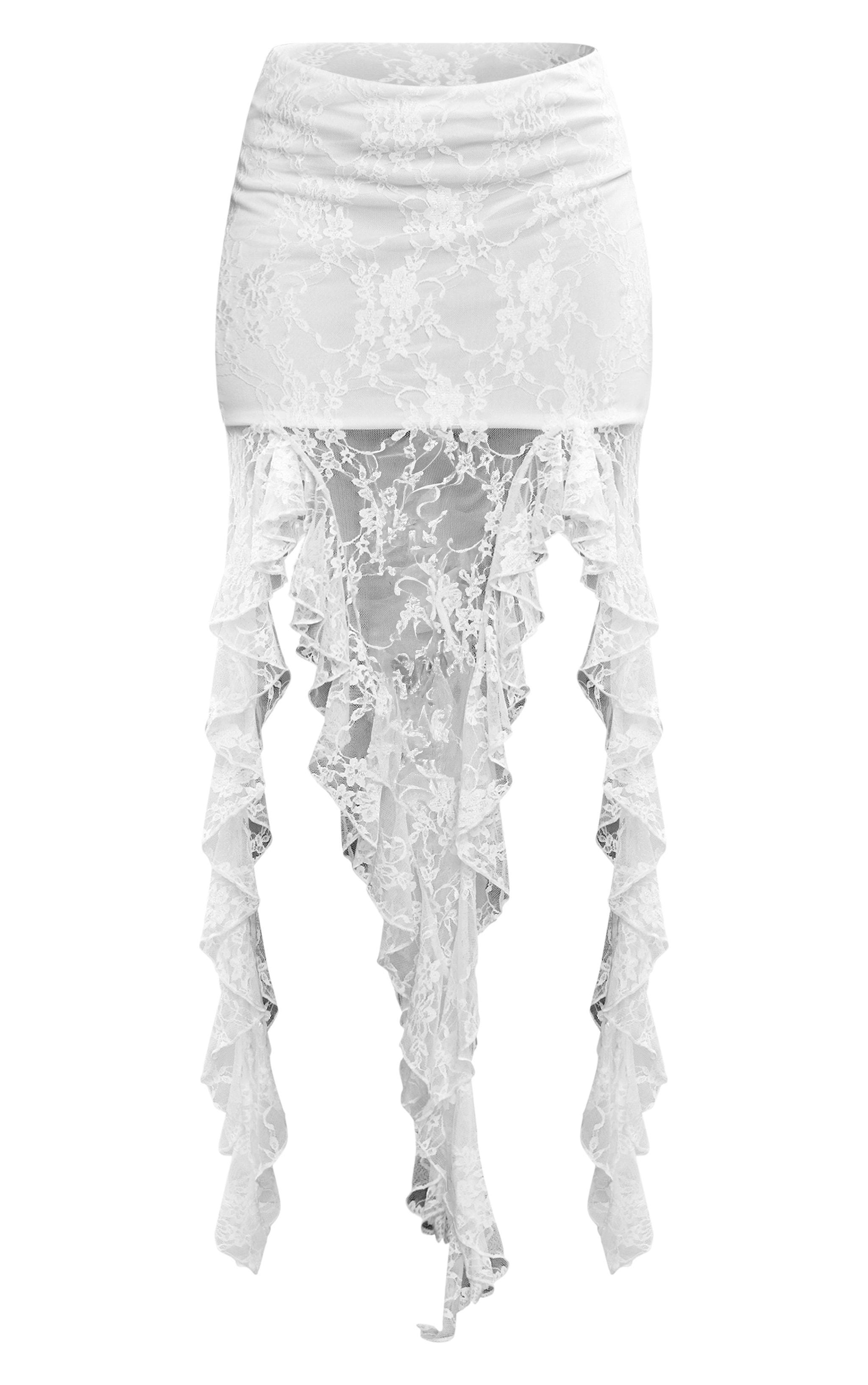 Cream Lace Asymmetric Hem Ruffle Detailed Midaxi Skirt Product Image