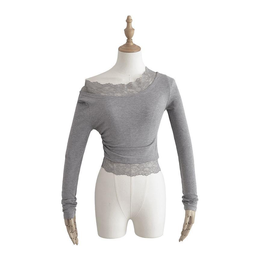 Long-Sleeve Cowl Neck Plain Lace Trim Tee Product Image