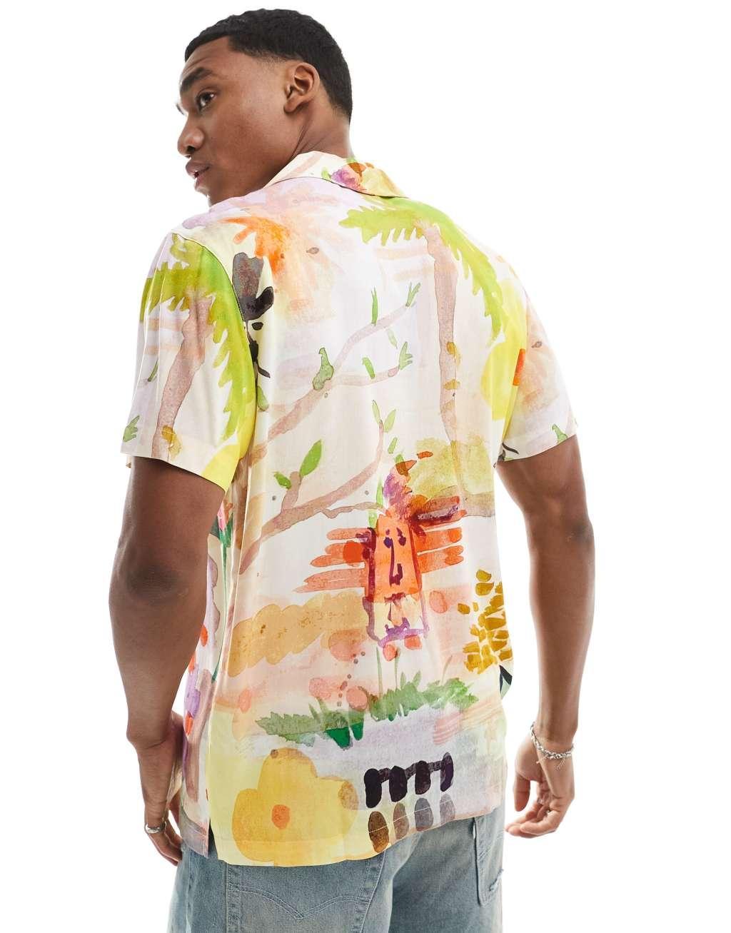 Coney Island Picnic watercolor print camp collar shirt in multi Product Image