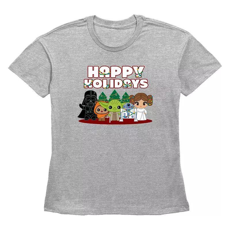 Womens Star Wars Characters Happy Holidays Graphic Tee Grey Gray Product Image