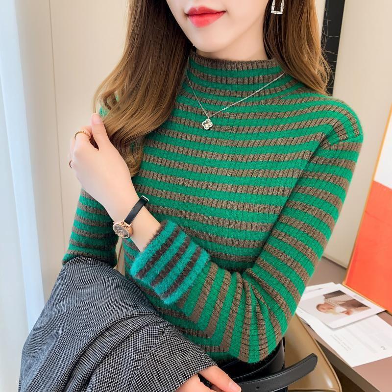 Long-Sleeve Mock Neck Striped Slim Fit Knit Top Product Image