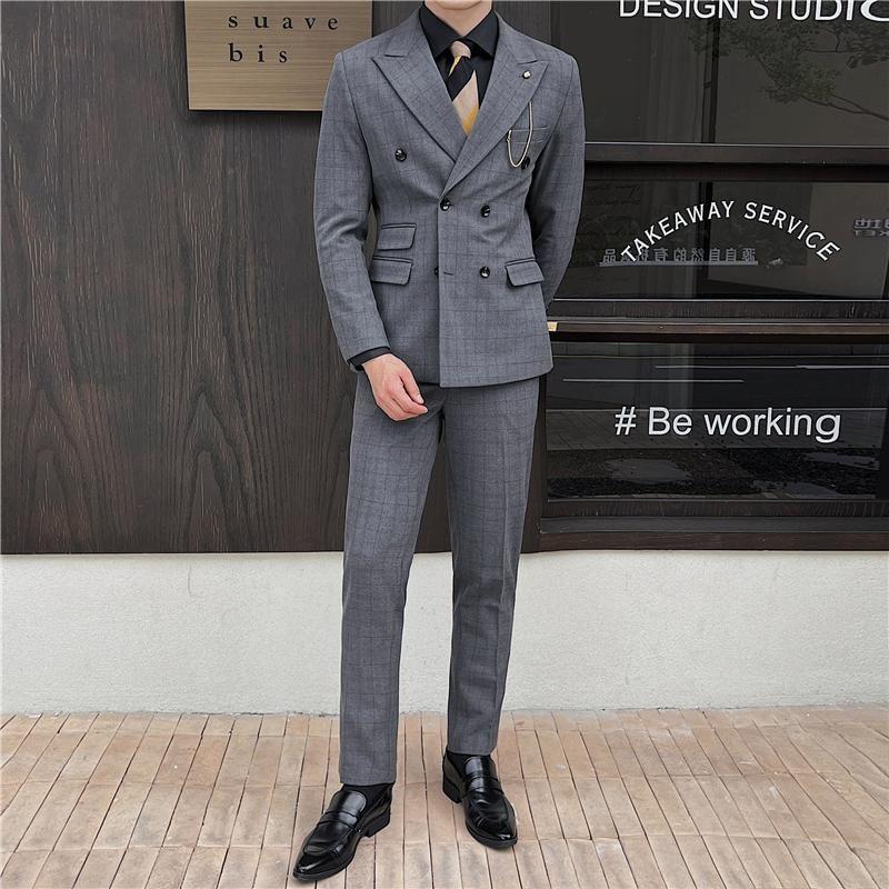 Set: V-Neck Plaid Button Vest + Double-Breasted Blazer + Mid Rise Tapered Dress Pants Product Image