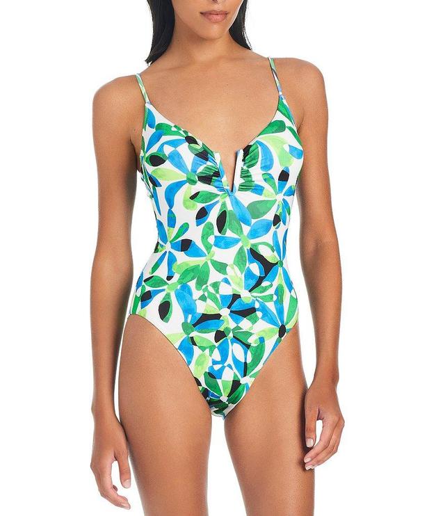 Sanctuary Jigsaw Petals Printed V-Wire Neck Criss Cross Back One Piece Swimsuit Product Image