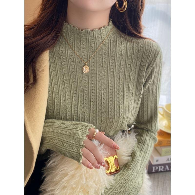 Long Sleeve Mock Neck Plain Ruffle Ribbed Knitted Top Product Image