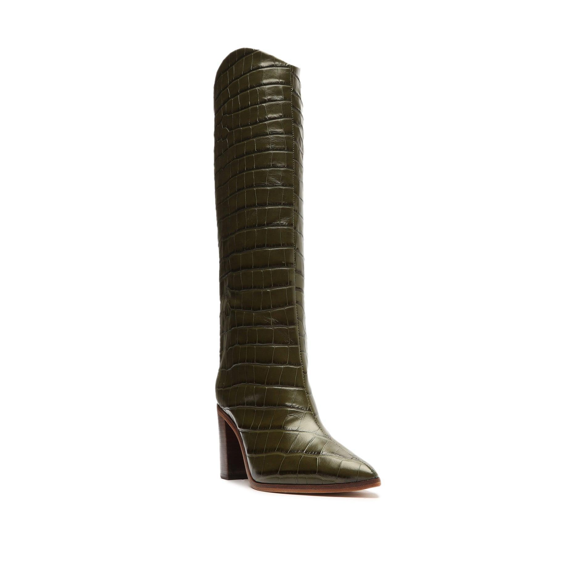 Maryana Block Crocodile-Embossed Leather Boot - 5 Military Green Crocodile-Embossed Leather Product Image