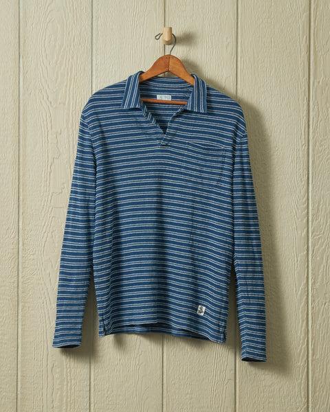 Long Sleeve Indigo Polo in Mid Wash Jacquard Stripe Product Image