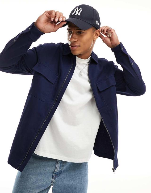 ASOS DESIGN twill zip through overshirt in navy Product Image