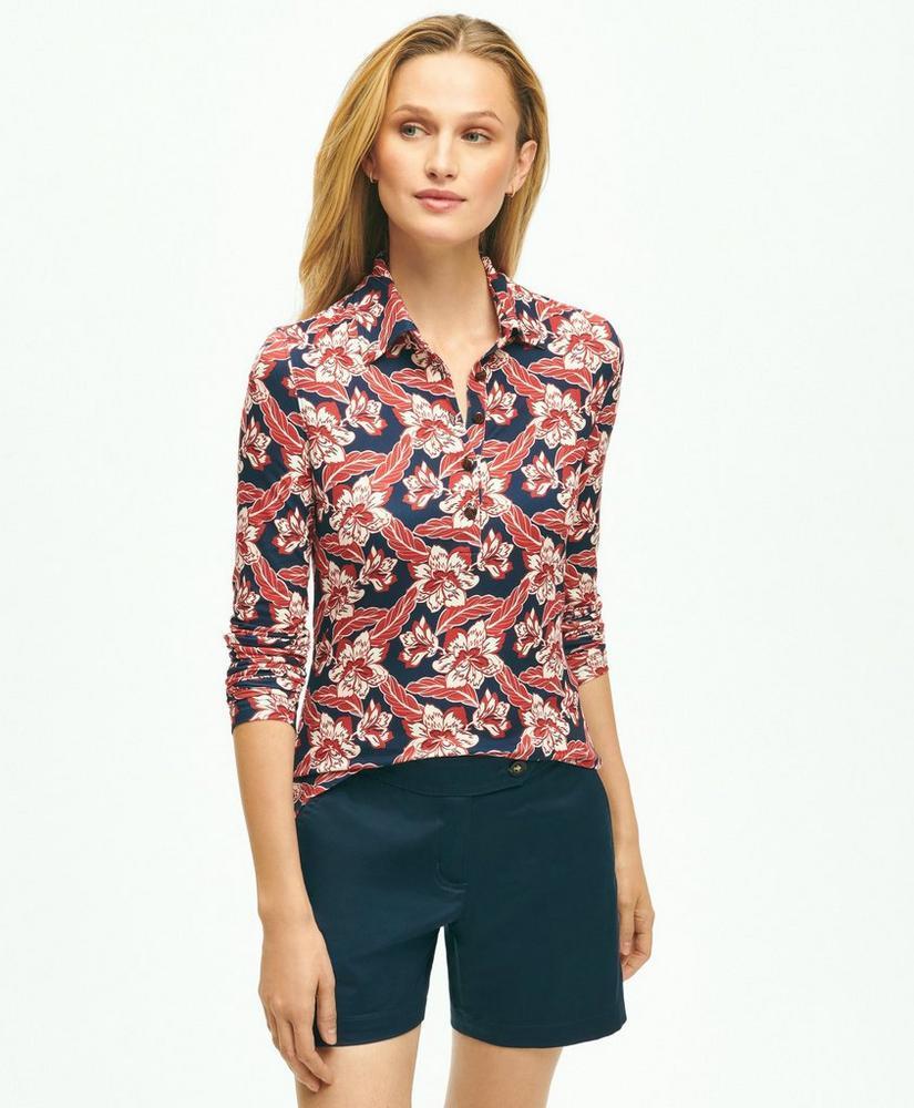 Long-Sleeve Tropical Floral Print Jersey Knit Polo Shirt Product Image